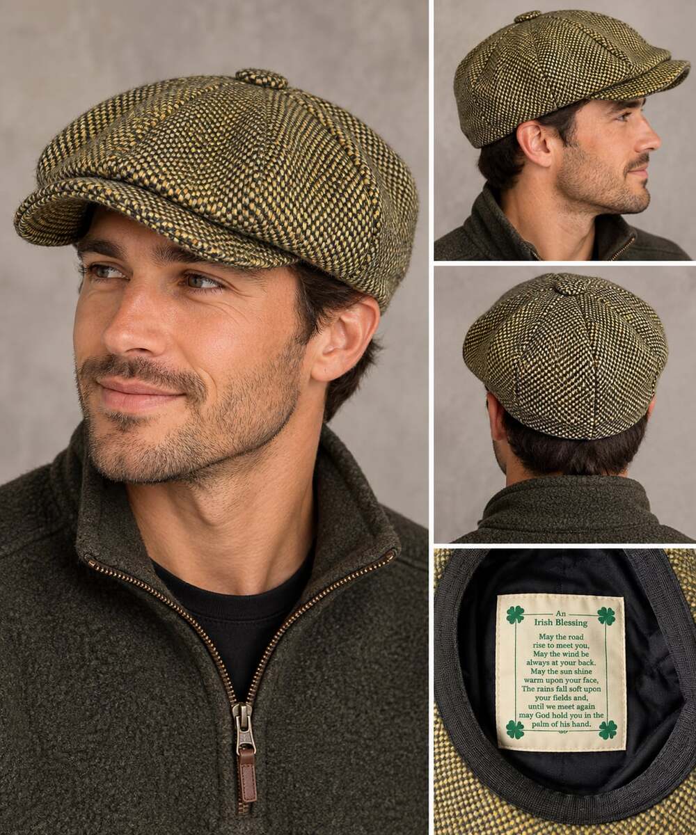 Irish Tweed Newsboy Cap Green Yellow Plaid Flat Cap